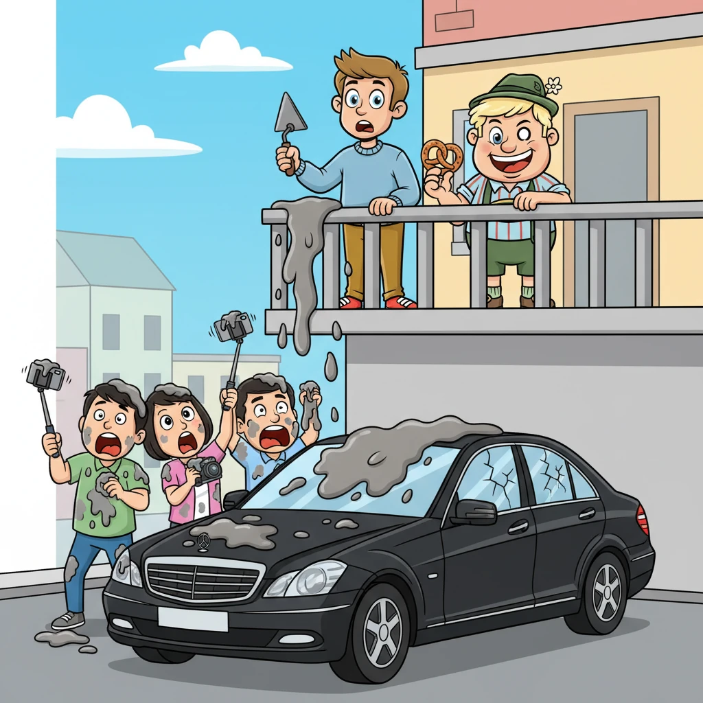 Die zähe Mörtelmasse klatscht präzise über das Geländer direkt auf eine Gruppe japanischer Touristen, die gerade Selfies machen, und auf die glänzende Windschutzscheibe eines geparkten schwarzen Mercedes. Entsetzte Schreie und hektisches Klicken von Kameras erfüllen die Luft.
