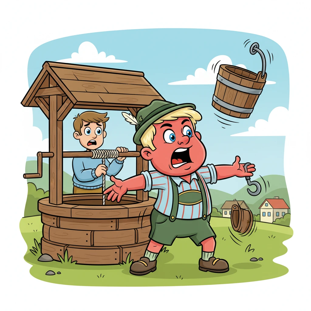 Schorsch dreht sich um, der Haken fällt ihm aus der Hand. Er starrt auf den leeren, hochgezogenen Kübel, dann über das Geländer. Sein Gesicht wird dunkelrot, als er brüllt: „Sag emol, bisch du bleed?! Ich hab gsagt HEBE! Net LUPFE!“