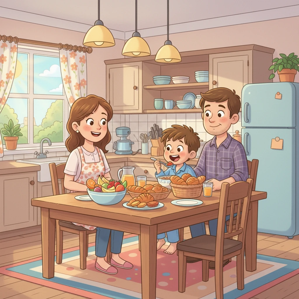 Na cozinha, a mãe de Zezinho preparava o café da manhã. Havia frutas, pão e suco. Zezinho comeu tudo com muito apetite, feliz por estar com sua família.