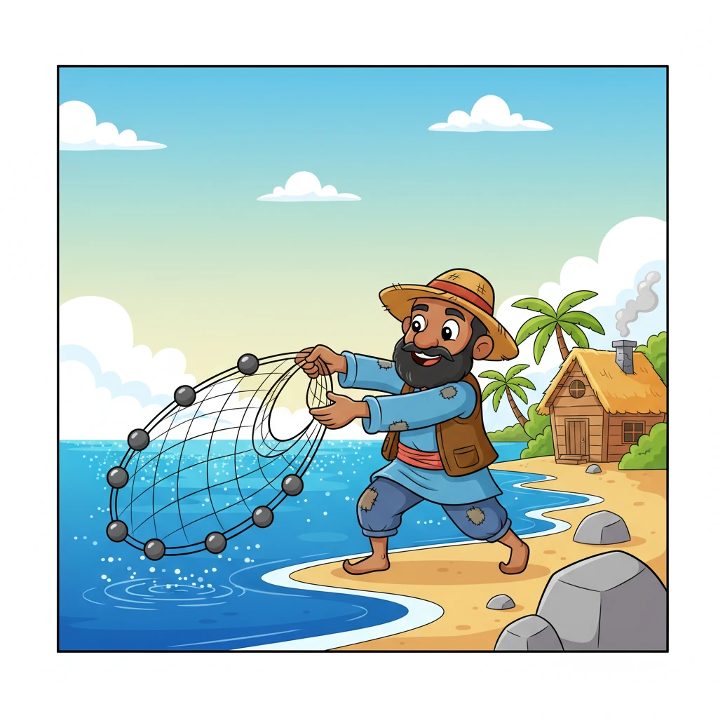 Long ago, by the sparkling blue sea, lived a kind fisherman named Kael. He worked hard, casting his net only four times a day, just enough to catch a few fish to keep his small home cozy and his tummy full. Every morning, he hoped for a bountiful catch.