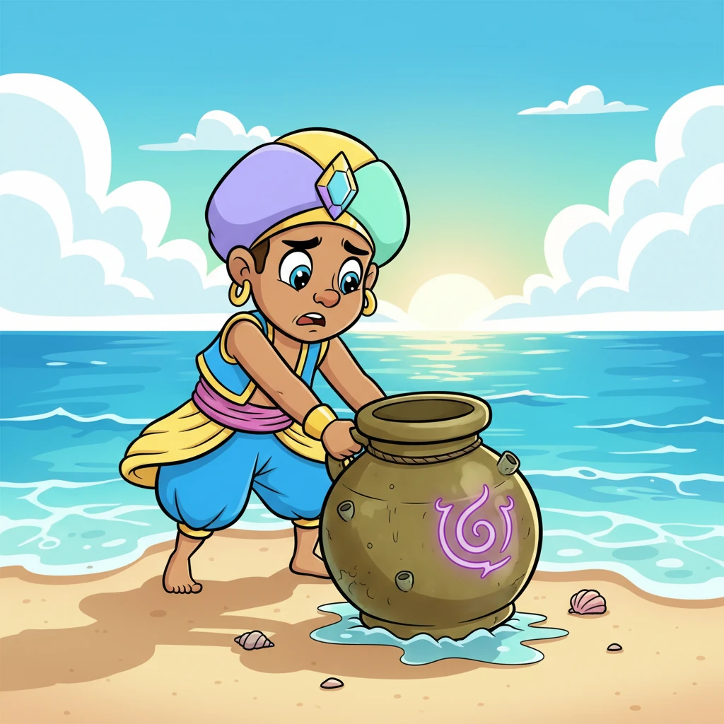 Instead of a magnificent fish, Kael dragged out an ancient, tarnished brass jar, sealed with a strange, swirling mark. His shoulders slumped in disappointment; it wasn't food, just an old pot. Still, curiosity sparkled in his eyes, wondering what secrets it might hold.