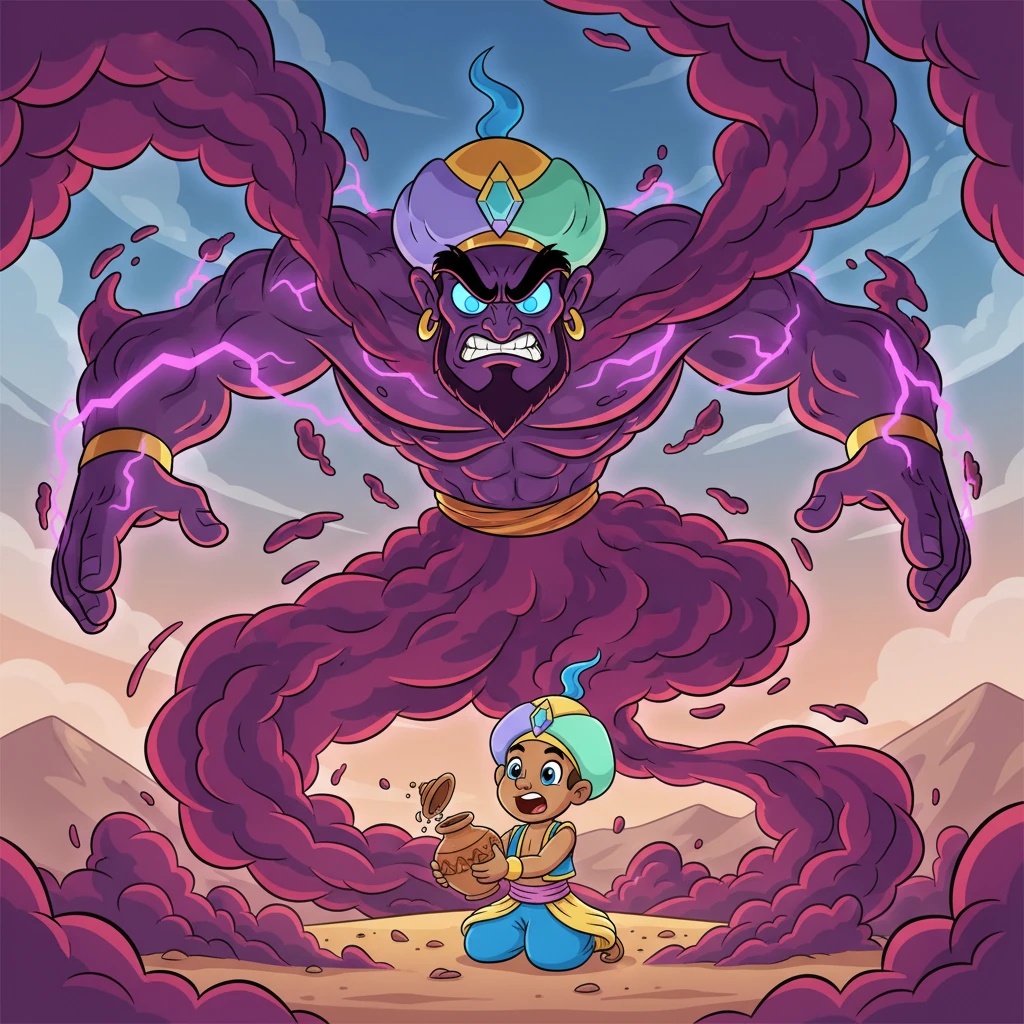 As soon as the lid came off, a thick, swirling cloud of purple smoke erupted from the jar, whooshing out with a mighty roar! It spiraled higher and higher, expanding until it formed a gigantic, glowing jinni with a scowling face and enormous, powerful arms, filling the sky.