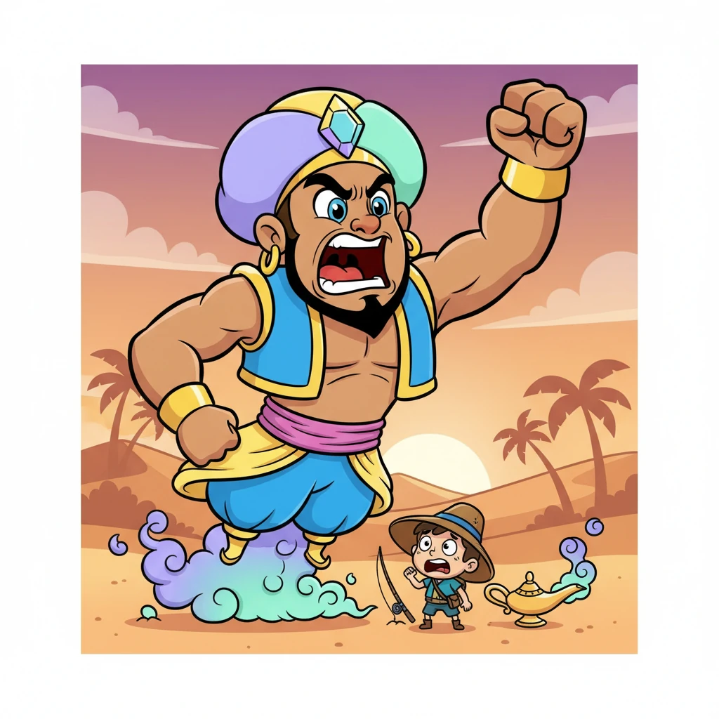 Kael trembled, his fishing hat nearly falling off, as the colossal jinni boomed, "Human, prepare to meet your doom!" The jinni then explained how centuries of imprisonment had filled him with bitterness, vowing to harm whoever dared to set him free.