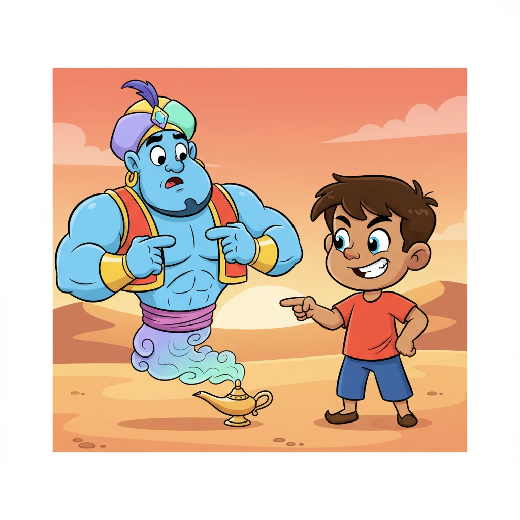 Thinking quickly, Kael puffed out his chest and said, "I don't believe it! Someone as enormous and magnificent as you could never possibly fit inside that tiny little jar again." He pointed a doubting finger at the small brass vessel, a mischievous glint in his eye.