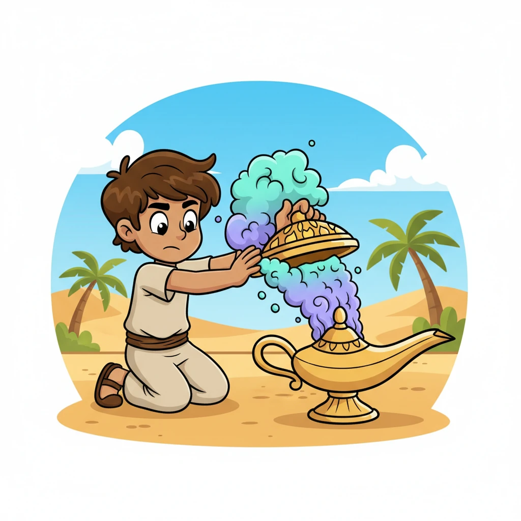 The jinni roared in anger, "I'll prove it!" With a mighty whoosh, he instantly transformed back into a swirling cloud of purple smoke. He squeezed and squished, smaller and smaller, until he zipped right back into the narrow opening of the brass jar. Kael quickly clapped the lid shut!