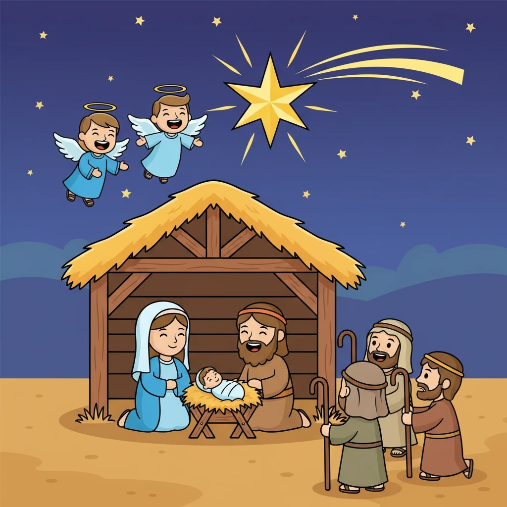 Jesus nasceu em uma humilde manjedoura em Belém. Maria e José o acolheram com amor, enquanto anjos cantavam no céu. Estrelas brilhavam, guiando os pastores até o local sagrado.