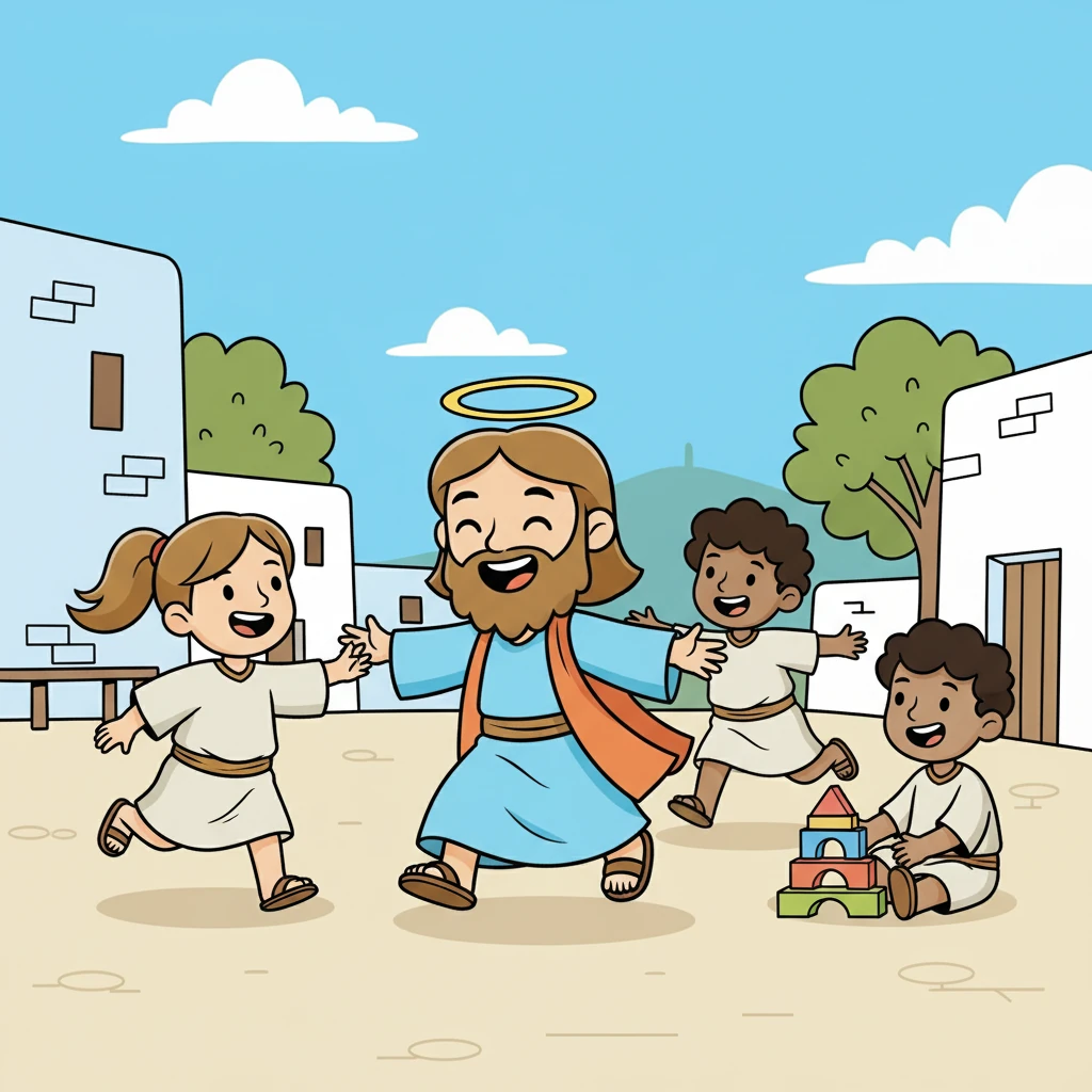 Jesus cresceu em Nazaré, aprendendo a amar e a servir a Deus. Ele costumava brincar com outras crianças, ensinando-lhes sobre bondade e respeito. Sua infância foi repleta de alegria e aprendizado.