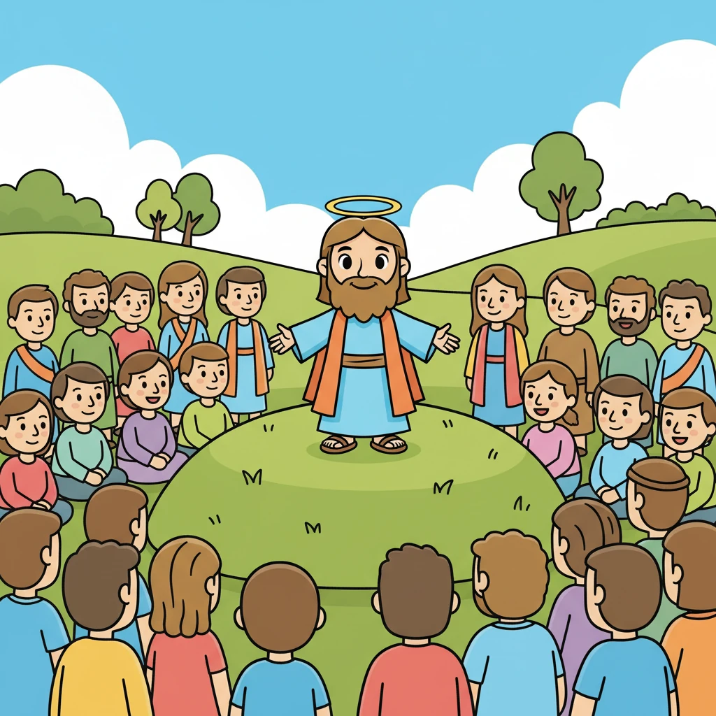 Um dia, Jesus começou a pregar sobre o amor de Deus e o perdão. Ele viajou por toda a região, ensinando as pessoas sobre a importância da fé e da caridade. Multidões se reuniam para ouvi-lo.