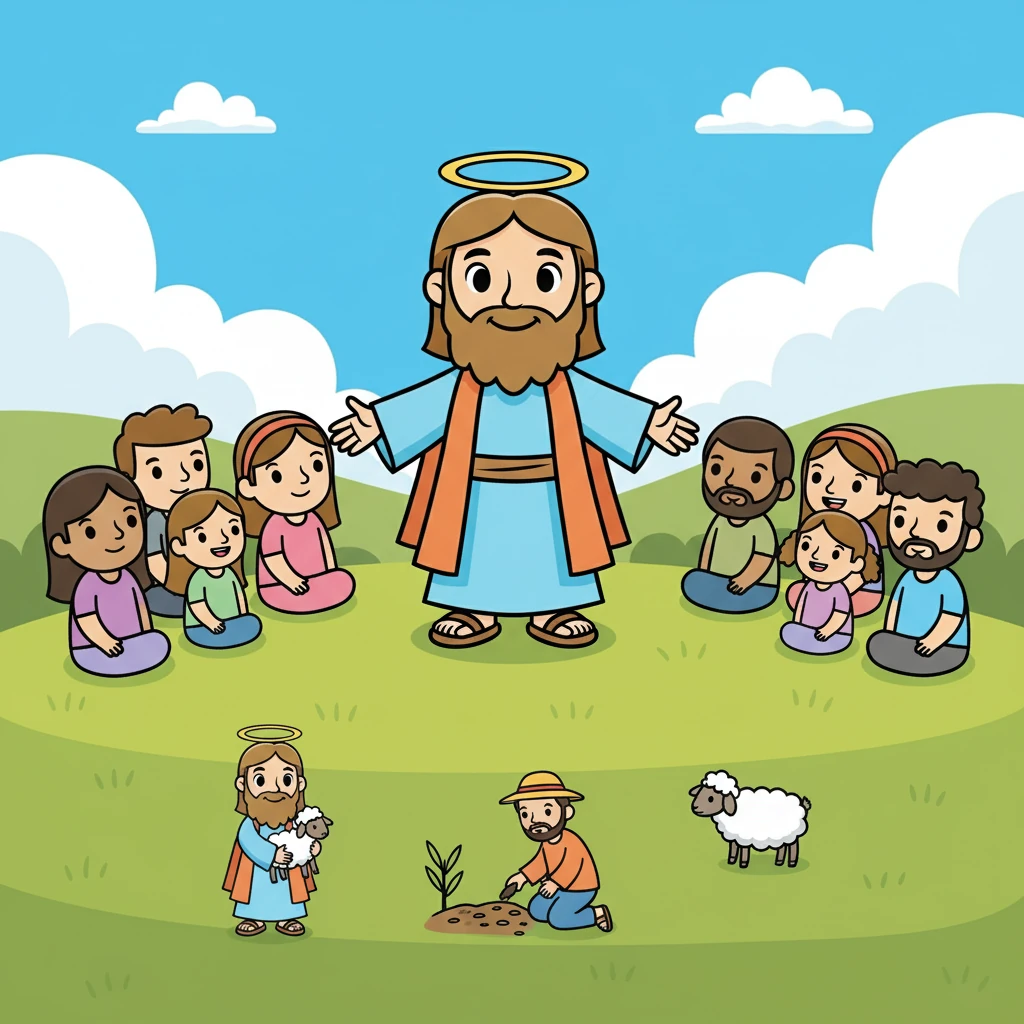Jesus ensinou parábolas, histórias simples com grandes lições. Ele falava sobre o bom pastor, o semeador e a ovelha perdida. Suas parábolas ajudavam as pessoas a entenderem os ensinamentos de Deus.
