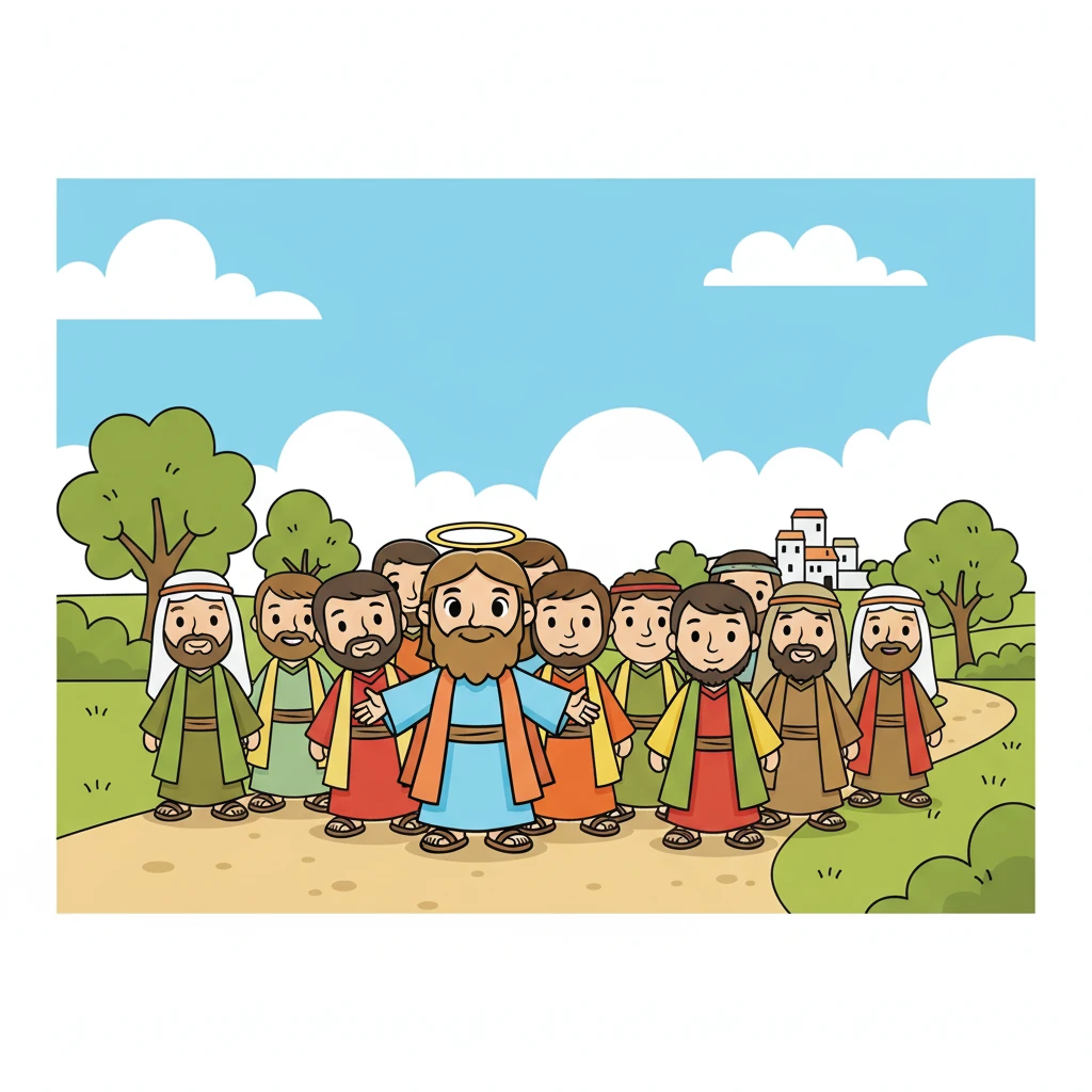 Jesus escolheu doze discípulos para serem seus amigos e seguidores. Eles caminhavam com ele, aprendendo seus ensinamentos e testemunhando seus milagres. A amizade era um tesouro para Jesus.