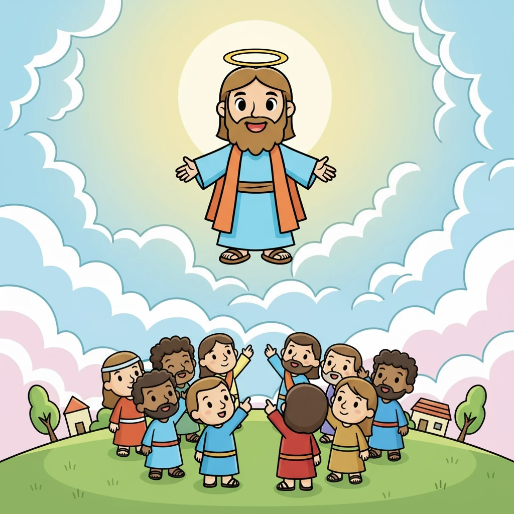 Jesus ascendeu aos céus, prometendo voltar. Ele deixou para seus seguidores a missão de espalhar o amor e a mensagem de Deus por todo o mundo. A história de Jesus continua viva em nossos corações.