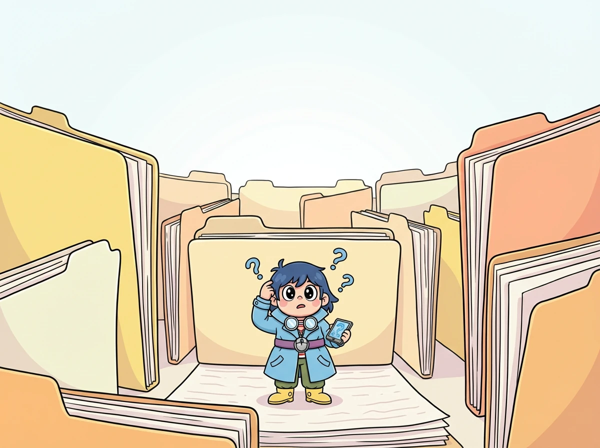 ファイルファインダー探偵は、大きなフォルダの中に入り、まるで迷路のようです。彼は困った様子で、どこから始めればいいのかわかりません。