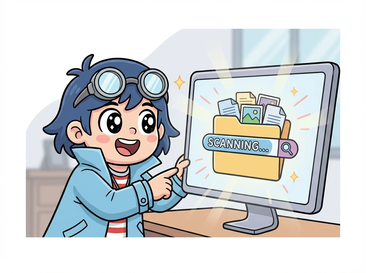 プログラムが起動すると、フォルダ内のすべてのファイルをスキャンし始めます。ファイルファインダー探偵は興奮して見守っています。