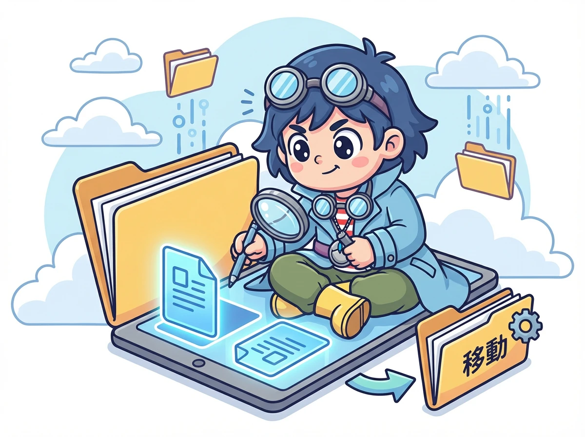 彼は重複ファイルを慎重に選択し、移動させる準備をします。正確さが重要です。