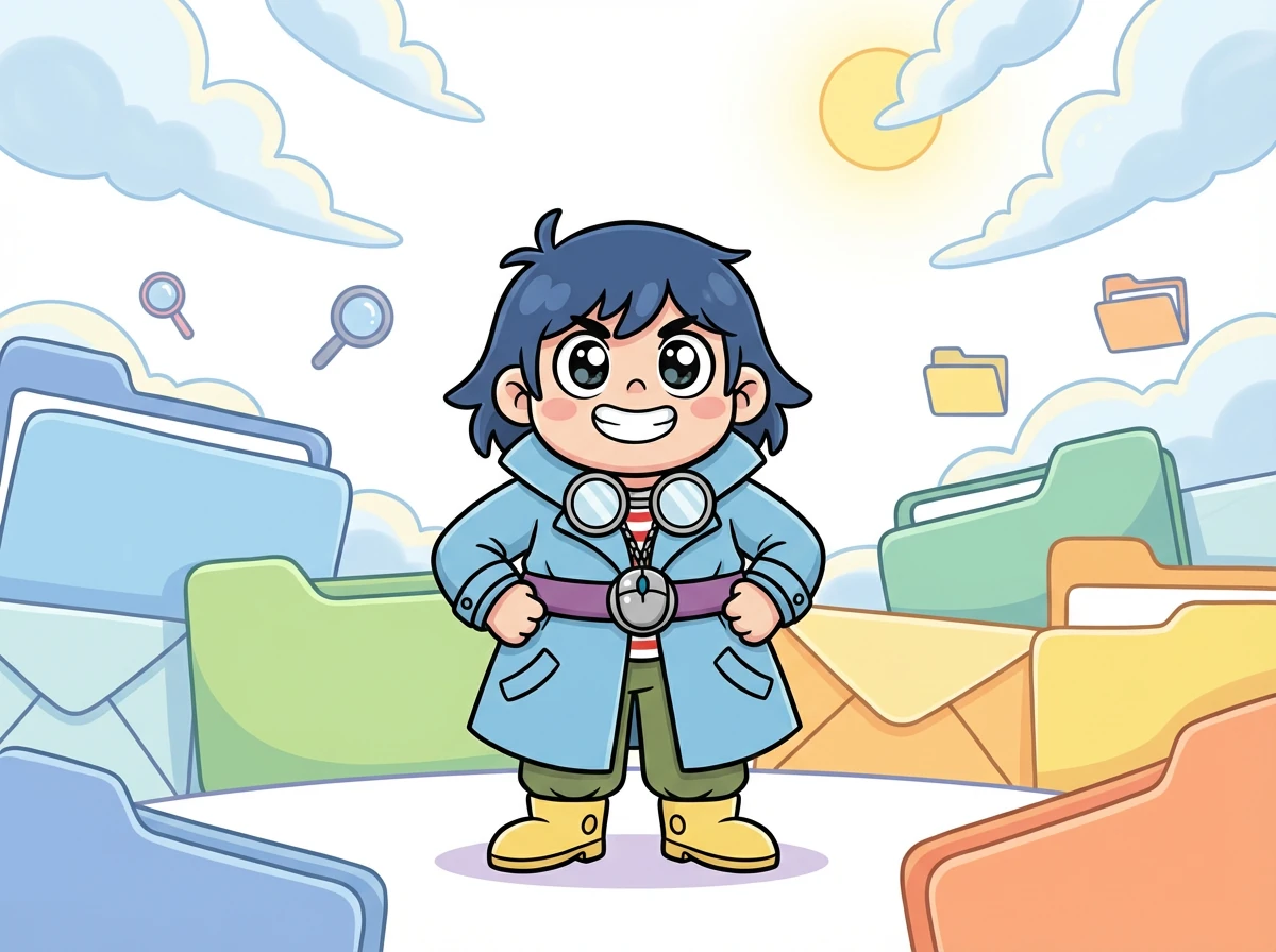 ファイルファインダー探偵は次の挑戦に備えます。どんなフォルダも彼を恐れさせることはできません！