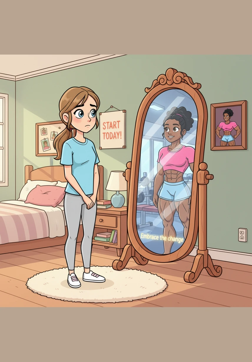 Maya stood before her mirror, feeling slender and wishing for the strength she saw in the athletes on her wall. She decided that today would be the day she began her journey toward a stronger, more capable version of herself.