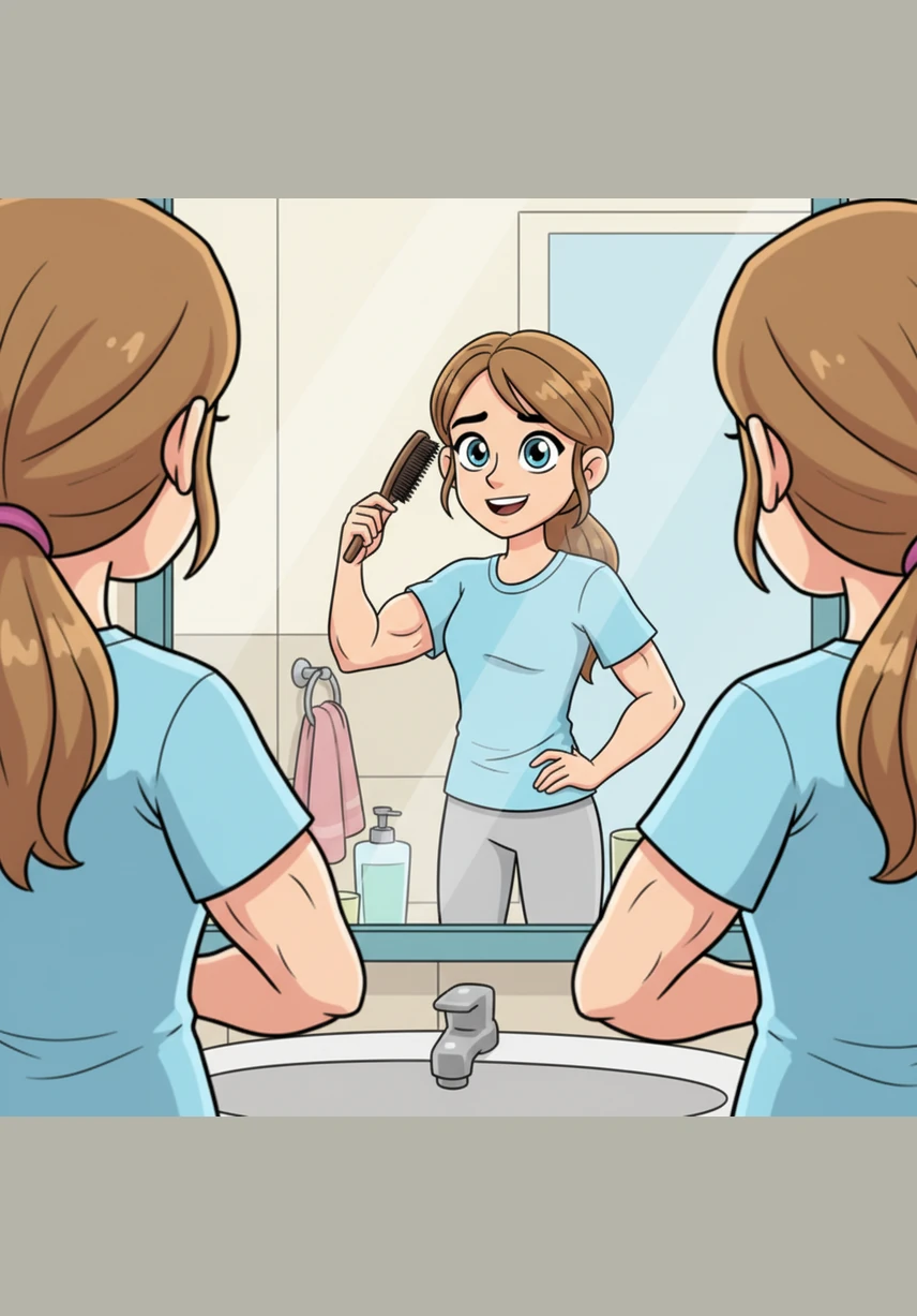 One morning, while brushing her hair, Maya noticed a new definition in her shoulders and arms that hadn't been there before. A proud smile touched her lips as she realized her body was finally responding to the heavy weights and discipline.