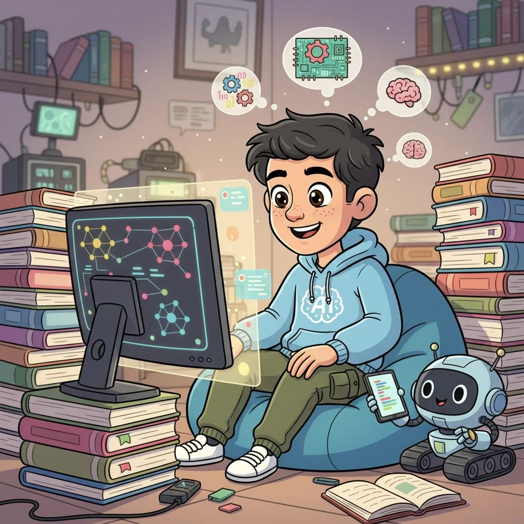 Leo, a bright-eyed young man, sits surrounded by glowing screens and towering stacks of books, a cheerful robot companion by his side. He's deeply engrossed in learning about the wonders of artificial intelligence, his face alight with curiosity. Tiny thought bubbles with gears and circuits float above his head, showing his active mind.