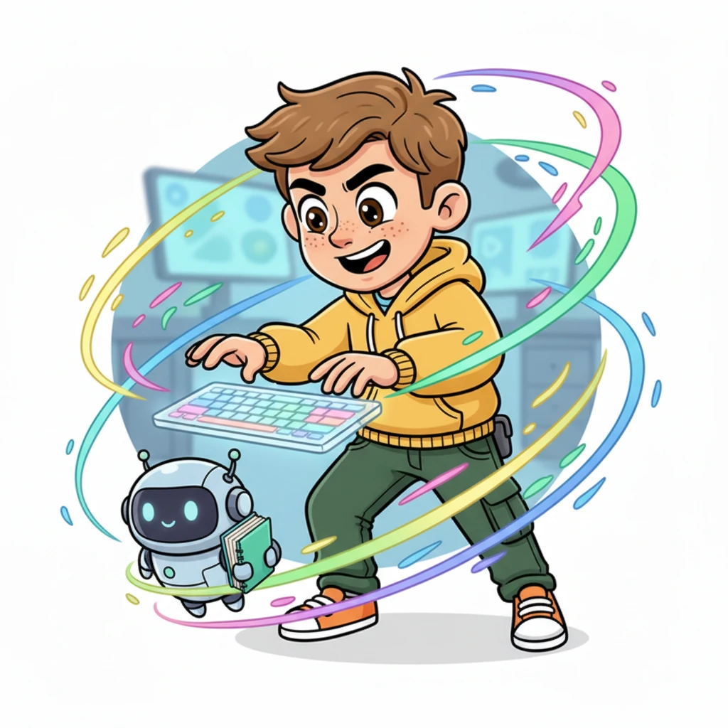 With a determined grin, Leo practices using various AI tools, his fingers flying across a holographic keyboard. He's building a small, playful AI assistant that helps him organize his notes. Colorful data streams swirl around him, making the air crackle with digital energy.