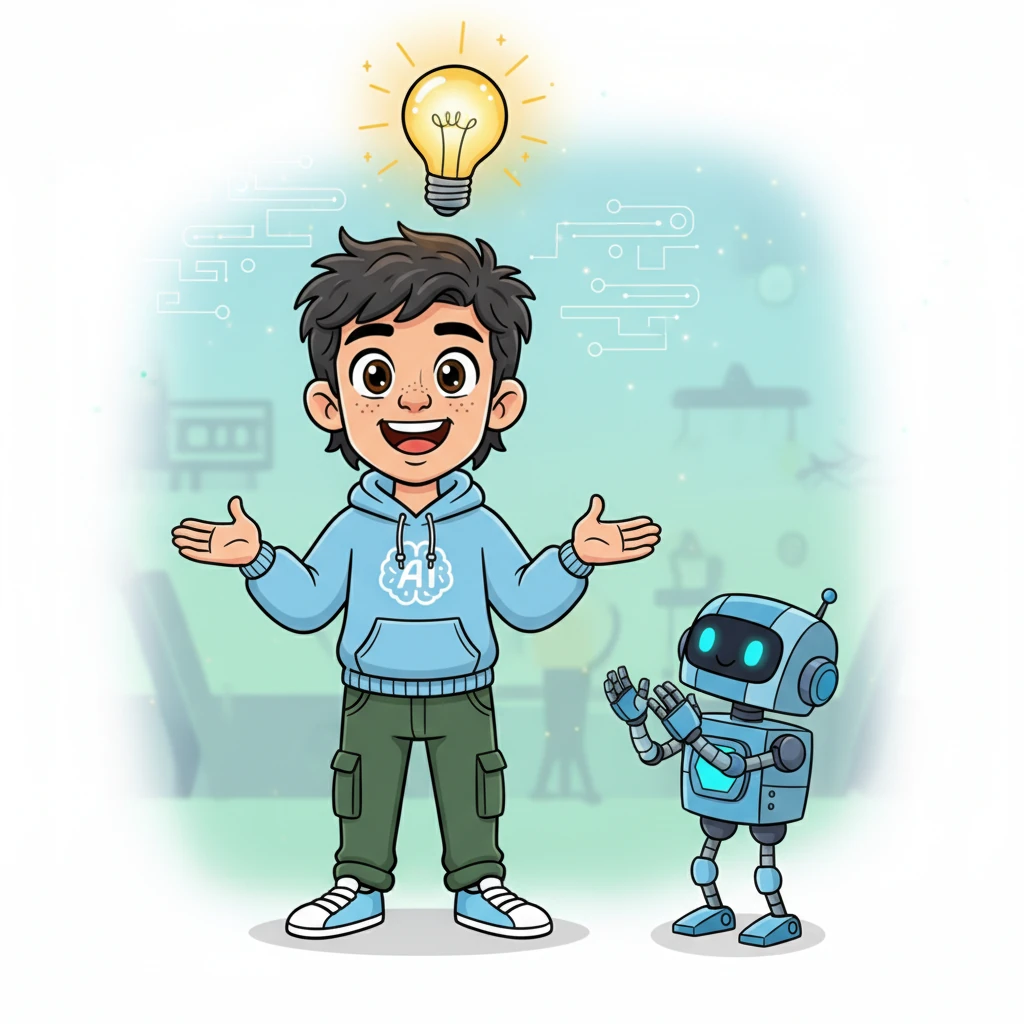 Suddenly, a bright light bulb appears above Leo's head as he uncovers a brilliant new AI insight. His eyes widen with excitement, and his robot friend claps its metallic hands in joy. This discovery feels like a magical spark, ready to ignite new possibilities.