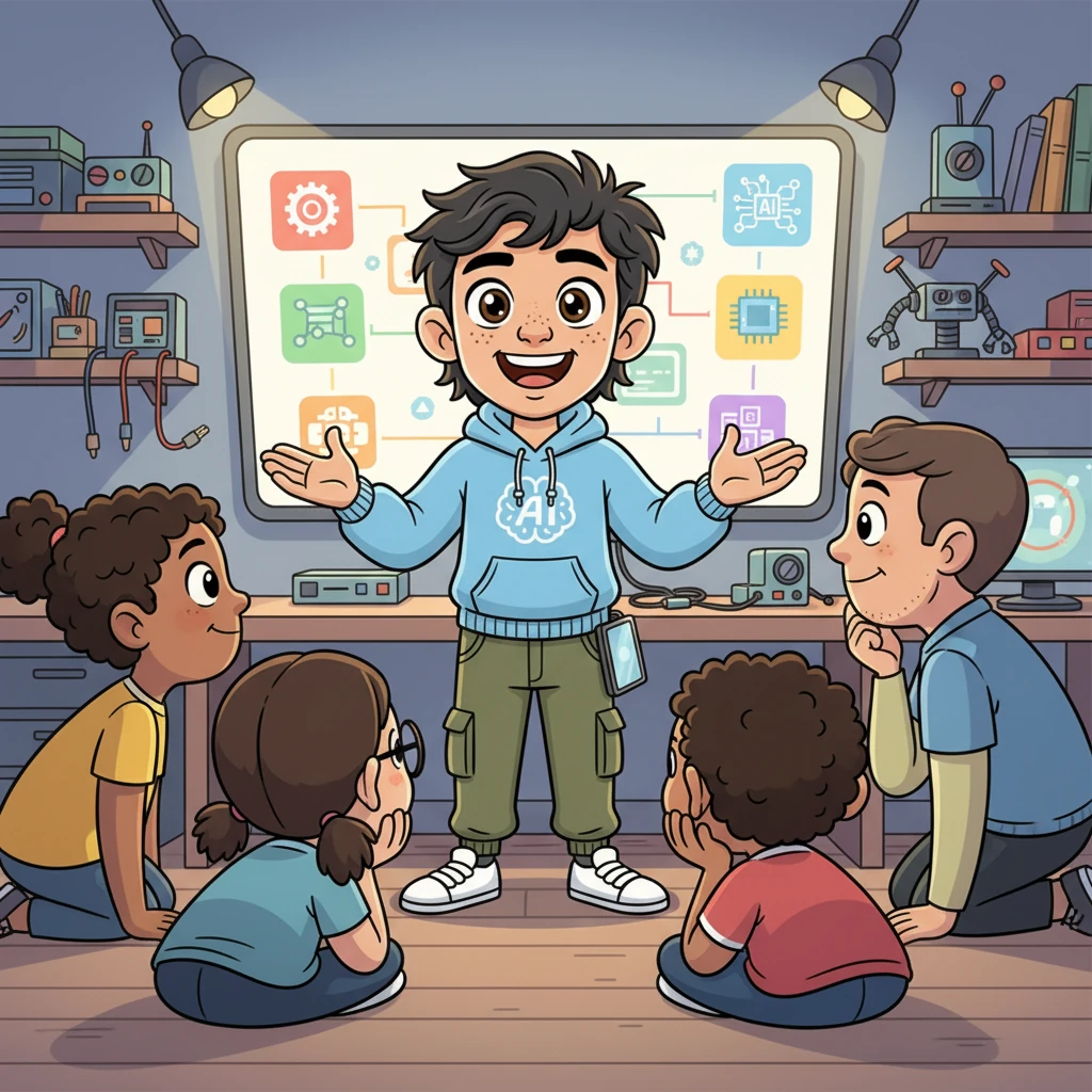Leo eagerly gathers a small group of curious friends and neighbors in a cozy, brightly lit workshop. He stands before a large screen, explaining the basics of AI tools with grand gestures and an infectious smile. Everyone leans forward, captivated by his energetic lesson.