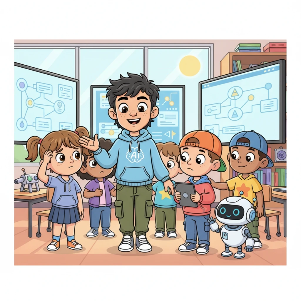 Some of Leo's students look a bit puzzled, scratching their heads as they try to grasp the new concepts. Leo patiently walks among them, pointing to screens and offering gentle advice with a kind expression. His robot pal offers a reassuring pat on a friend's shoulder.