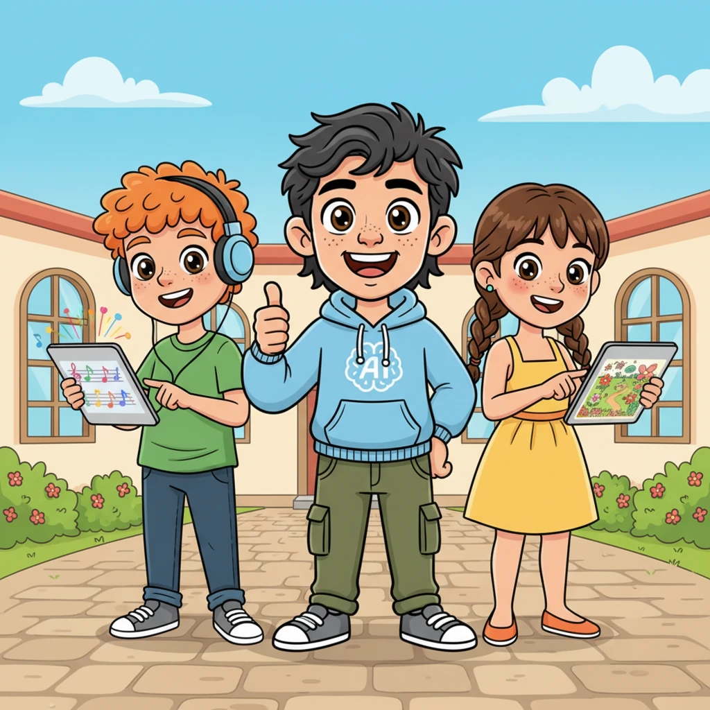 Success! The students' faces now glow with understanding as they confidently use the AI tools Leo taught them. One friend uses AI to design a vibrant new garden, while another uses it to compose a catchy tune. Everyone is smiling, proud of their new skills.