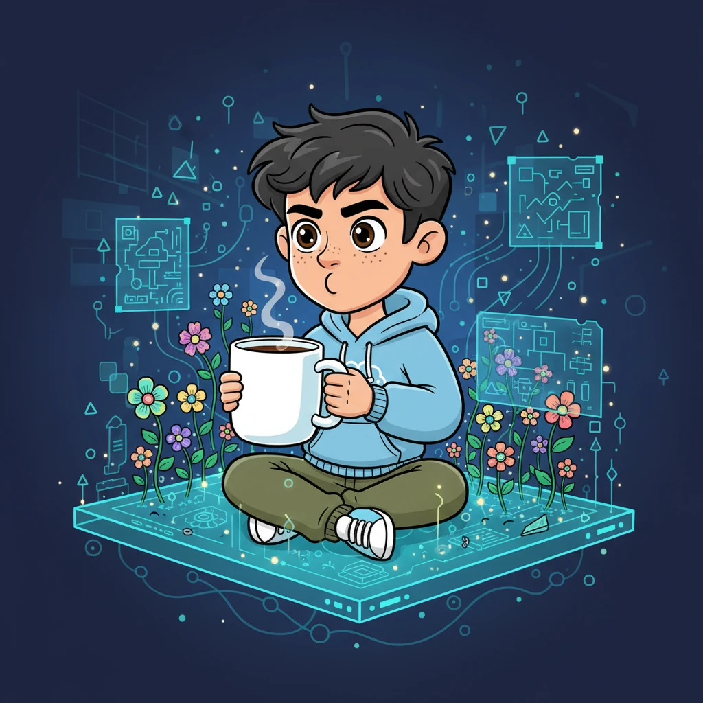 Even after a busy day of teaching, Leo dedicates time to thorough daily research, surrounded by digital blueprints and data streams. He sips from a giant mug, his brow furrowed in concentration but his eyes still sparkling with determination. New ideas sprout like tiny digital flowers around him.