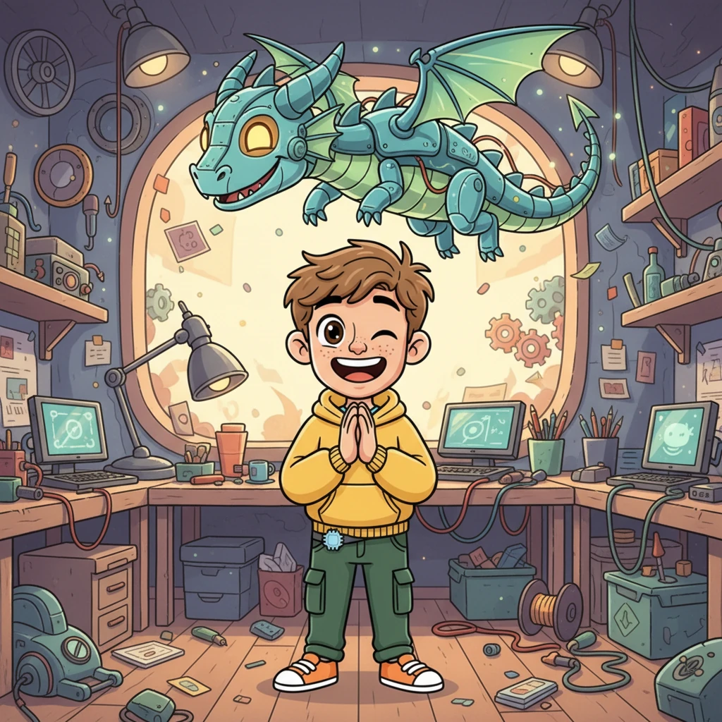 With his newfound knowledge and tireless effort, Leo crafts an amazing AI-powered invention – a whimsical flying machine shaped like a friendly dragon. It hovers playfully in his workshop, its eyes blinking with artificial intelligence. Leo claps his hands with delight, a true inventor.