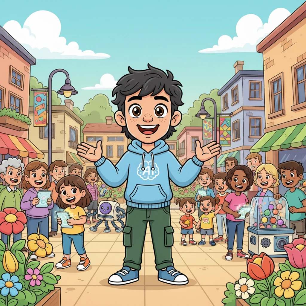 The entire community flourishes, using AI tools in creative and helpful ways, all thanks to Leo's guidance. Gardens bloom with AI-optimized plants, music fills the air, and clever machines make daily tasks easier for everyone. The town square buzzes with joyful activity.