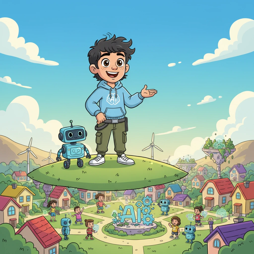 Leo stands on a small hill overlooking his vibrant, thriving community, a gentle breeze rustling his hair. His trusty robot friend stands beside him, and together they watch the happy scene. He smiles, knowing his passion for AI has brought so much good, ready for whatever new challenges tomorrow brings.