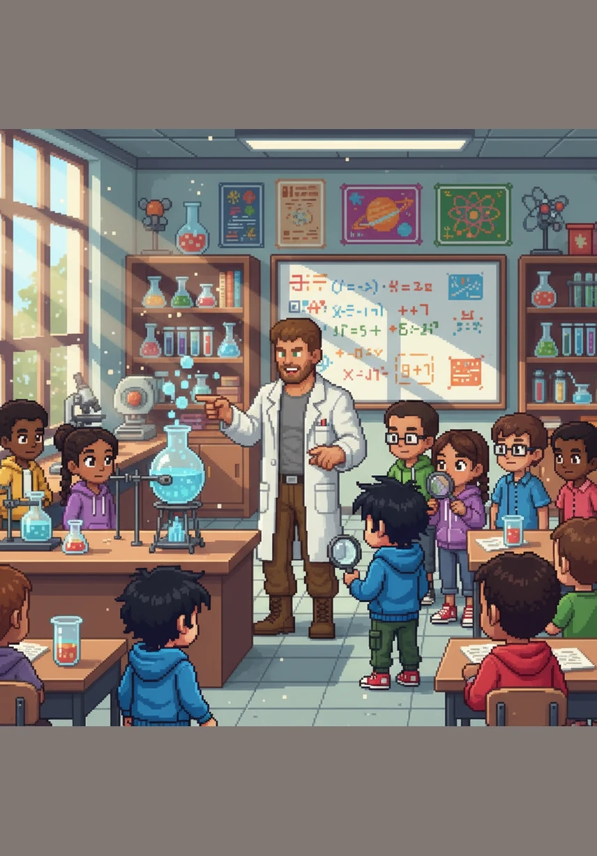 Laughter and lively chatter fill the room during a hands-on science experiment involving bubbling beakers and colorful reactions. Mr. Harrison moves from group to group, encouraging the students to ask why and celebrate their messy, exciting discoveries.