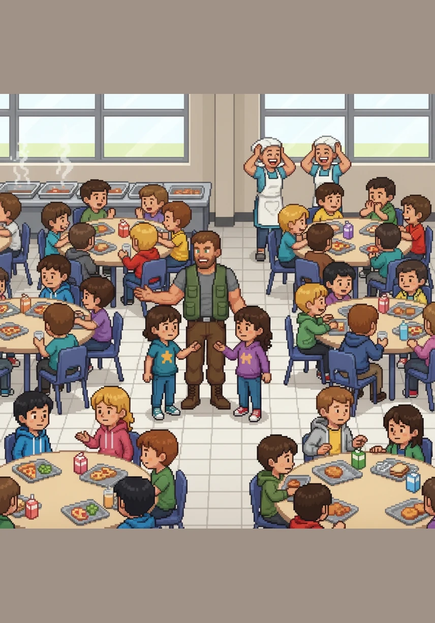 The cafeteria is a whirlwind of motion and high-pitched noise during the midday lunch rush. Mr. Harrison navigates the crowded tables with ease, mediating a small disagreement over a seat and sharing a quick laugh with the busy cafeteria staff.