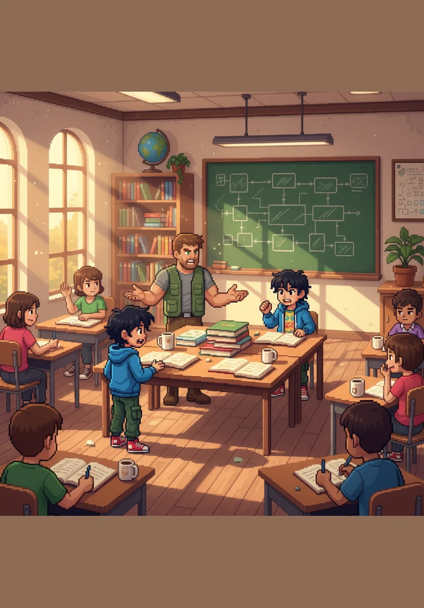 As the afternoon sun streams through the large windows, the class participates in a lively debate about the future. Mr. Harrison listens intently from the sidelines, proud to see his students developing their own unique perspectives and respecting one another.