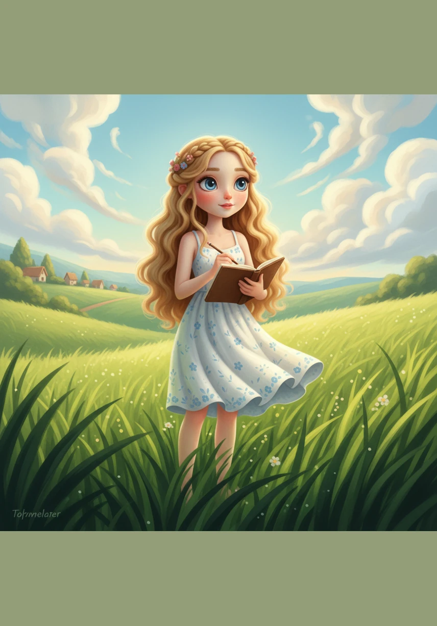Elara stands in a sea of waist-high grass, her sundress fluttering in the warm breeze. She holds a sketchbook tightly, capturing the way the clouds dance across the emerald hills of her quiet village.