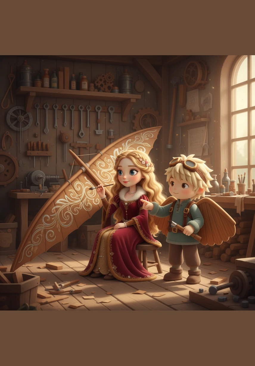 Days turn into weeks as the two become inseparable, spending their afternoons in Kaito’s cluttered workshop filled with the scent of cedar and oil. Elara paints intricate patterns on the wings of his glider, turning a machine into a work of art.
