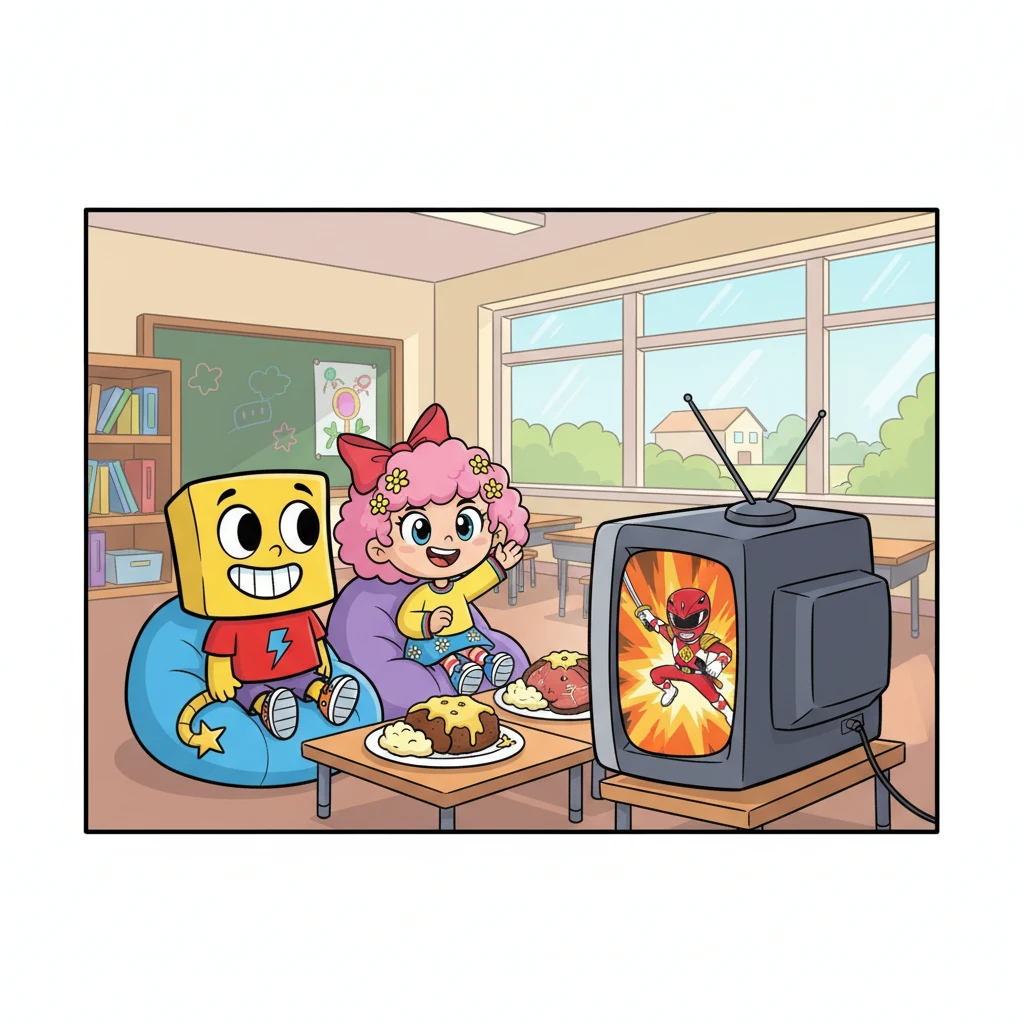 Wubbzy and Daizy sat cozily at Riverside School, eyes glued to the TV screen, watching their heroes, the Power Rangers Samurai. Plates of Wubbzy's meatloaf and Daizy's prime rib, both piled high with mashed potatoes and melted cheese, sat untouched as they cheered for the action.