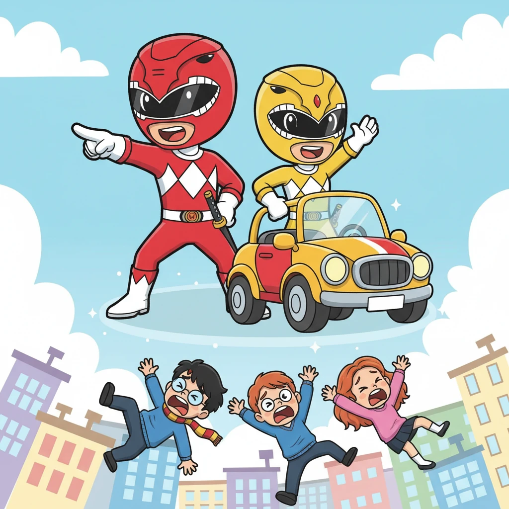 Suddenly, on the screen, a woman's voice cried, "Help!" The Red Ranger, Jayden Shiba, declared, "Hark! This sounds like a job for Power Rangers Samurai!" Mia Watanabe shouted, "To the Wonder Buggy!" as Harry, Ron, and Hermione screamed in terror from the city below.