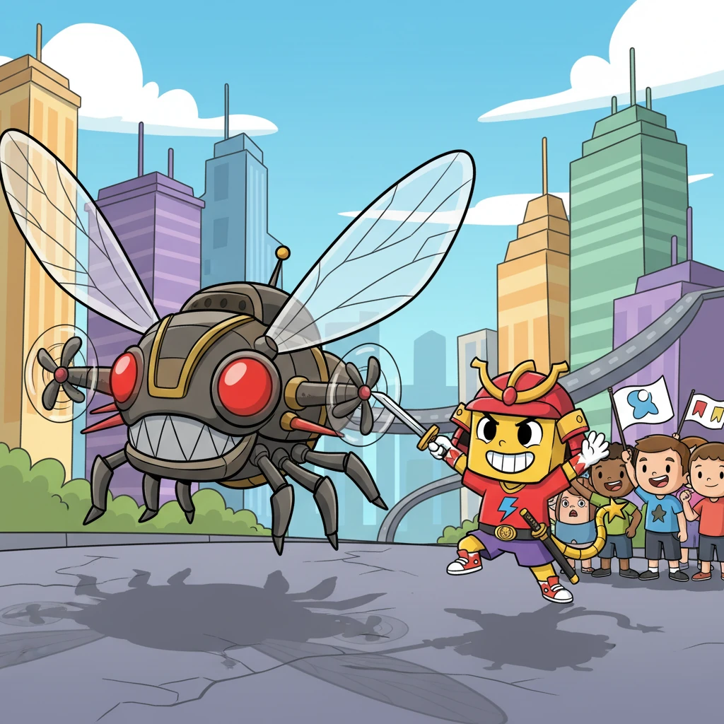 The Power Rangers bravely faced Master Xandred, who was unleashing the menacing Fly Drone 3000 upon Mega City. Emily, the Yellow Ranger, assured the panicked citizens, "Don't worry. My Power Rangers Samurai will save the day!" The chorus sang, "Go Go Power Rangers!" as the drone landed.