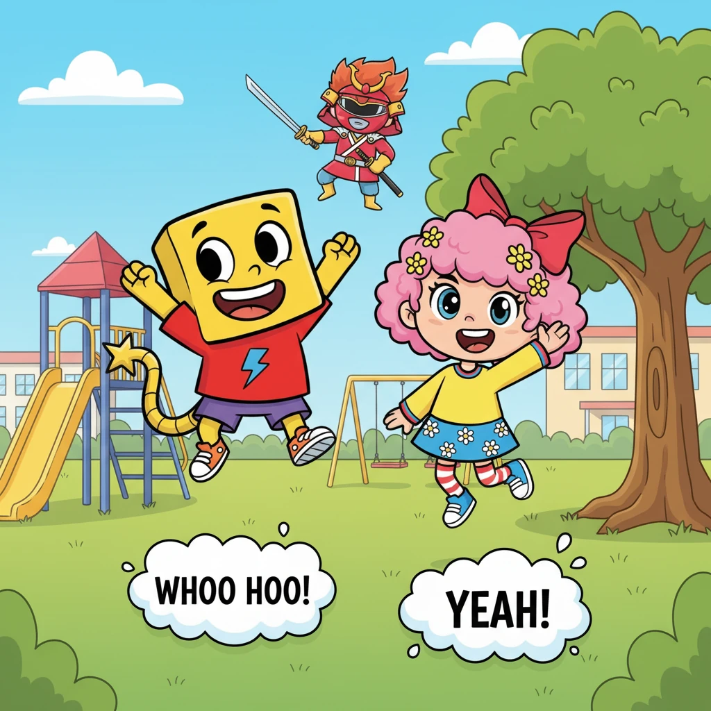 Back at Riverside School, Wubbzy and Daizy jumped up, shouting, "Whoo Hoo! Yeah!" Wubbzy exclaimed, "Wow! I love Power Rangers Samurai!" Daizy added, "He's so cool. He always catches the bad guys and saves the day." Wubbzy then whispered, "I wish we could be superheroes just like him. Hey, maybe we can!"