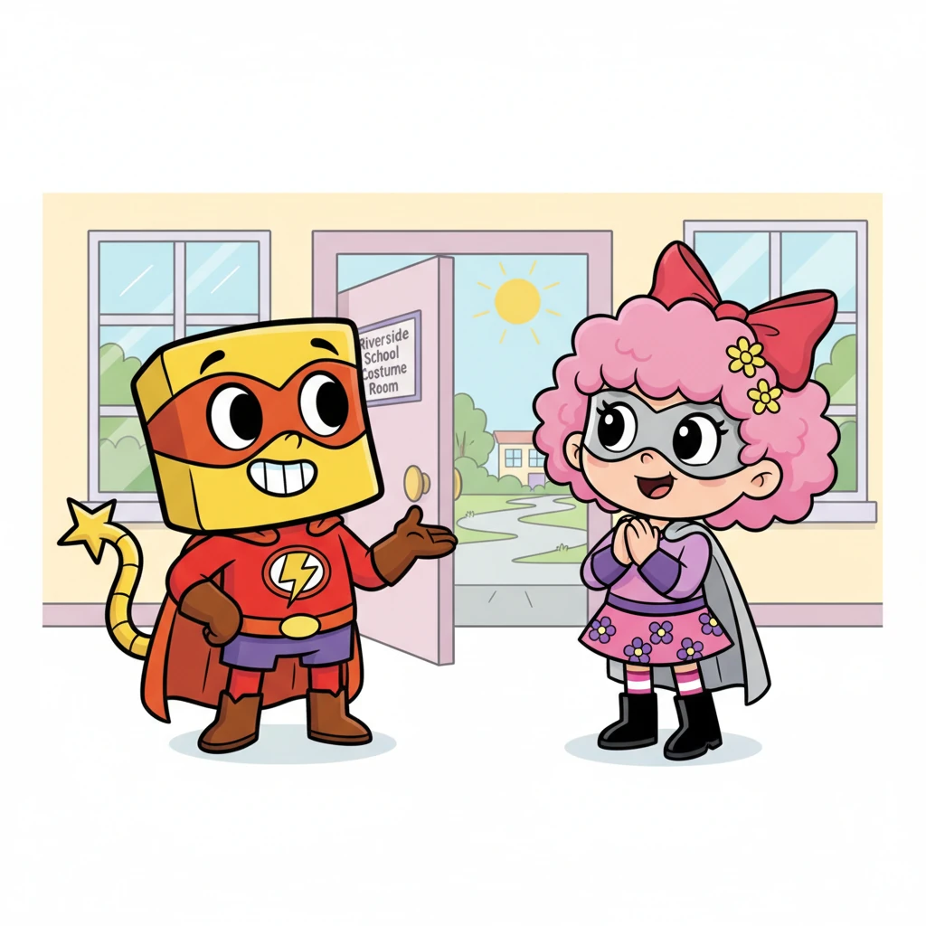 With a burst of excitement, Wubbzy and Daizy raced to the Riverside School costume room! Wubbzy emerged as 'Wonder Wubbzy' in a bold red, orange, yellow, and brown costume with a golden mask. Daizy transformed into 'Flower Power' in a dazzling purple, pink, white, and black outfit with a silver mask. "Ready, Wonder Wubbzy?" Daizy asked, and Wubbzy replied, "Ready, Flower Power! To the Wonder Buggy!"