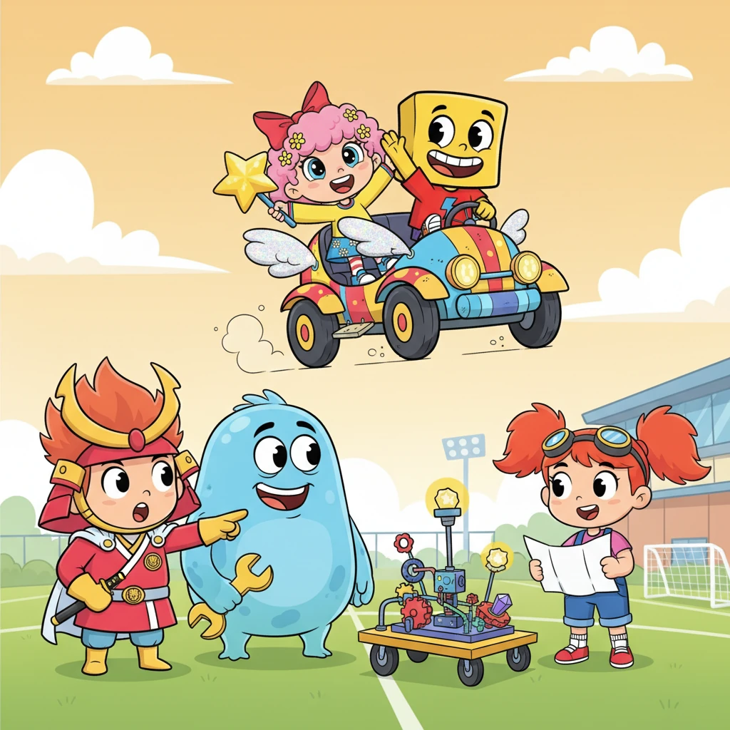 Their homemade Wonder Buggy zipped towards the Crystal Palace FC Training Ground. There, they found their friends Giant Goo Goo, Walden, and Widget assembling a peculiar device. "Wubbzy? Daizy?" Walden asked, surprised. "No! Call me Wonder Wubbzy!" Wubbzy declared, while Daizy added, "And I'm Flower Power!"