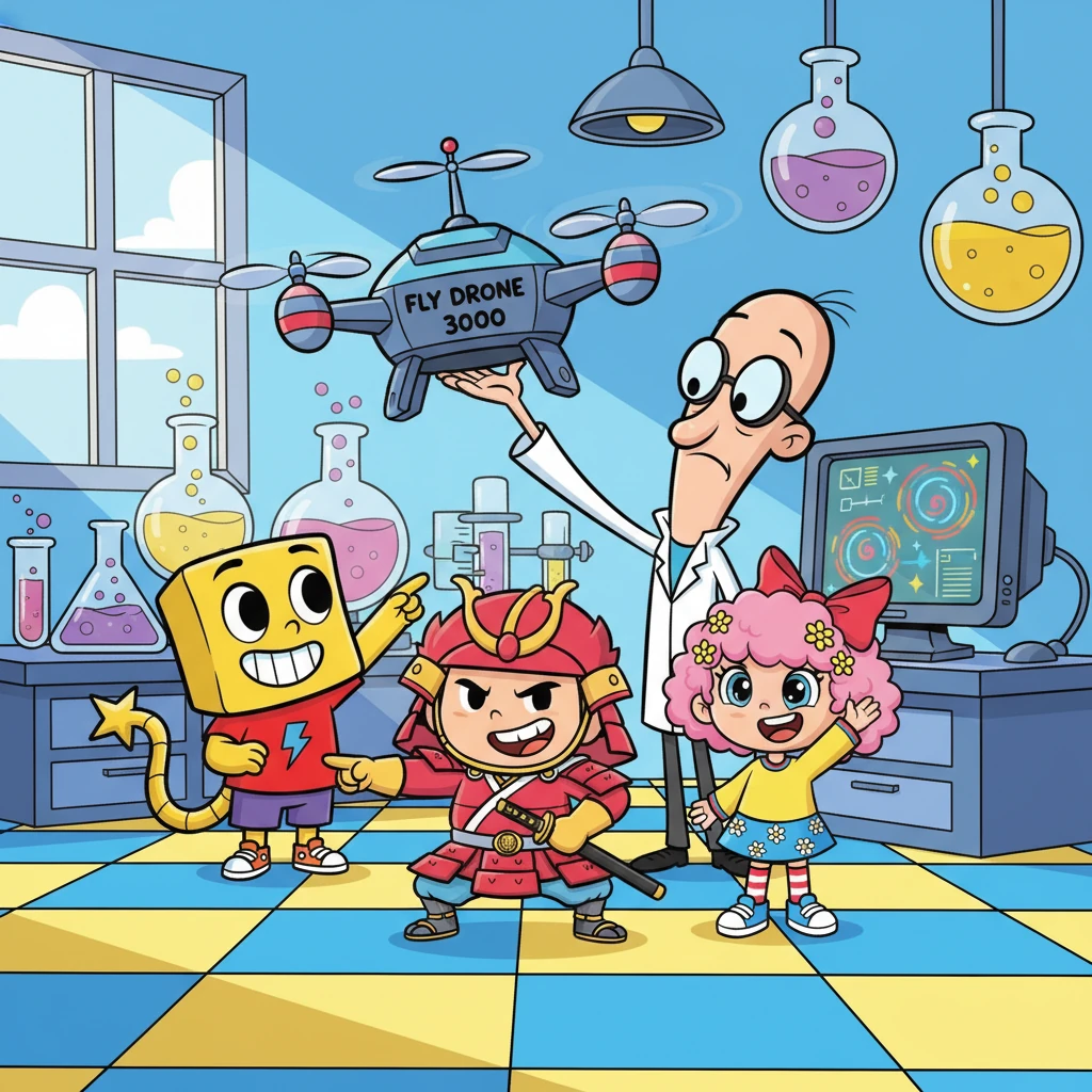 Widget admired their costumes, "Those are some mighty fine costumes you got there." Wubbzy proudly announced, "We're going out to save London from danger. Wanna come?" Widget explained, "No can do, little buddy. Walden and I are working on an experiment. This here Fly Drone 3000 will fly up in the clouds and tell us if it's gonna rain or snow."