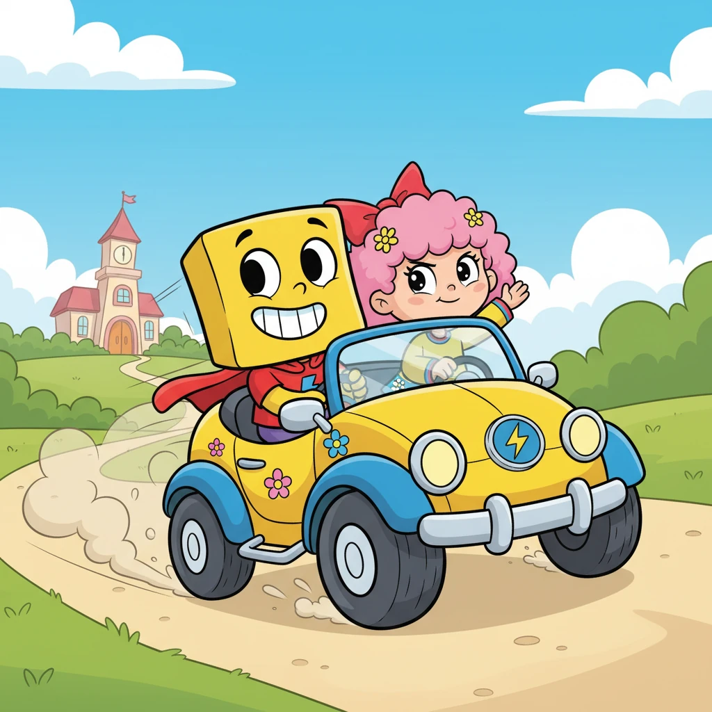 Suddenly, a faint cry for help echoed, "Miss Brook! Help!" Wubbzy's ears perked up. "Do you hear that?" Daizy nodded, "Sounds like someone needs a superhero!" With newfound determination, Wonder Wubbzy and Flower Power declared, "Wonder Wubbzy and Flower Power to the rescue!" Their Wonder Buggy sped off towards the Beckenham Library.