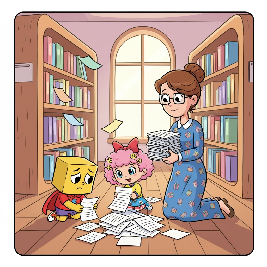 At the library, they found Miss Brook and Miss Bookfinder Dress, not battling a villain, but struggling with a pile of scattered papers. "Save me from what?" Miss Brook asked, puzzled. Wubbzy and Daizy, a little deflated, helped pick up the papers. Miss Brook thanked them, saying, "It's always good to have a superhero around." Wubbzy sighed, "Well, that wasn't such a great adventure." Daizy smiled, "Don't worry, Wonder Wubbzy. I'm sure..."