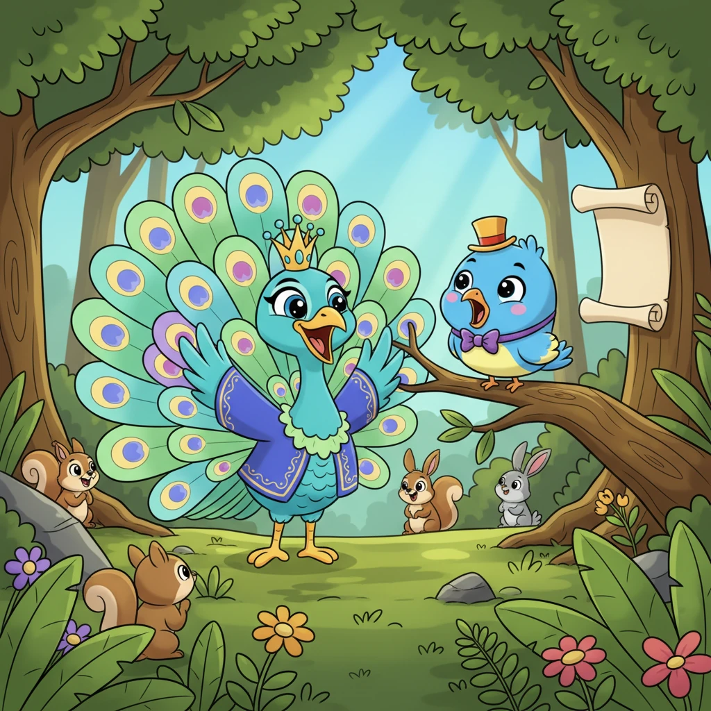 In a lush, green forest, lived Sparkle, a peacock with feathers like a rainbow, and Pip, a small, cheerful bird. One sunny morning, a grand announcement echoed through the trees: a forest talent show was coming!