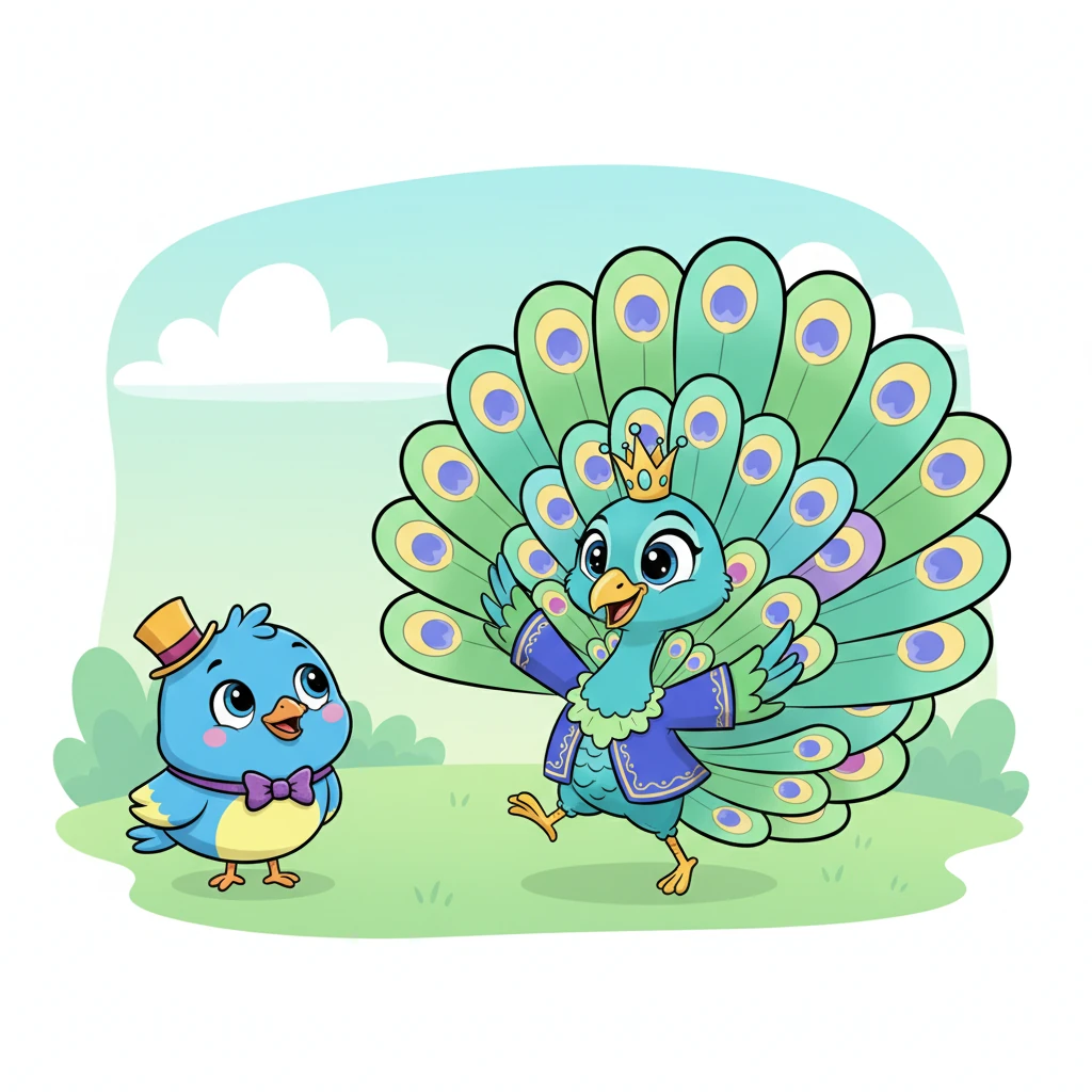Sparkle immediately began to practice his dazzling dance, unfurling his magnificent tail with graceful swoops and turns. Pip watched, his little head tilted, feeling a bit unsure of what he could do for the show.