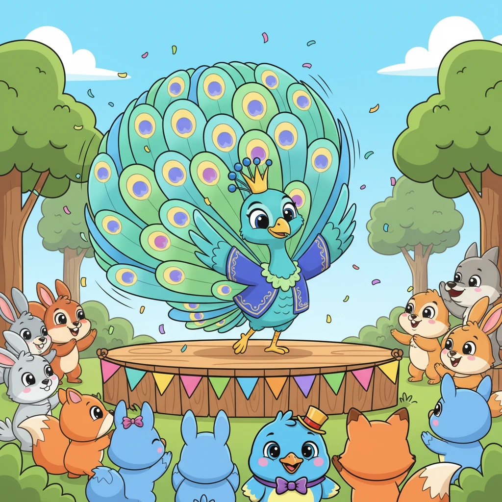The day of the talent show arrived, and the forest clearing buzzed with excitement. Sparkle stepped onto the stage, his every move a magnificent swirl of color and grace. The audience cheered wildly, completely captivated by his performance.
