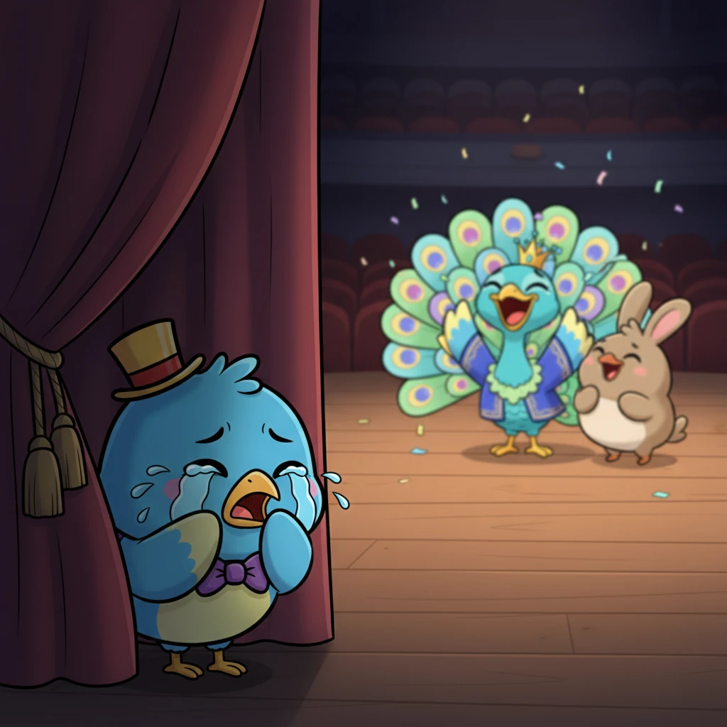 Pip heard the laughter and felt his heart sink. His little beak trembled, and big, watery tears welled up in his eyes. He quickly fluttered off the stage, hiding in a quiet corner and sobbing loudly.