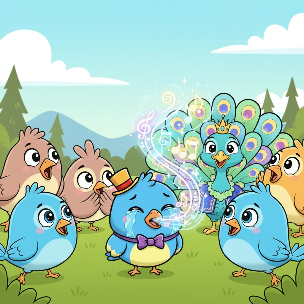 As Pip cried, a surprisingly beautiful, melodious sound filled the air, clear and sweet like wind chimes. The laughter stopped, and everyone turned, whispering, "Whose exquisite voice is that? It's simply wonderful!"
